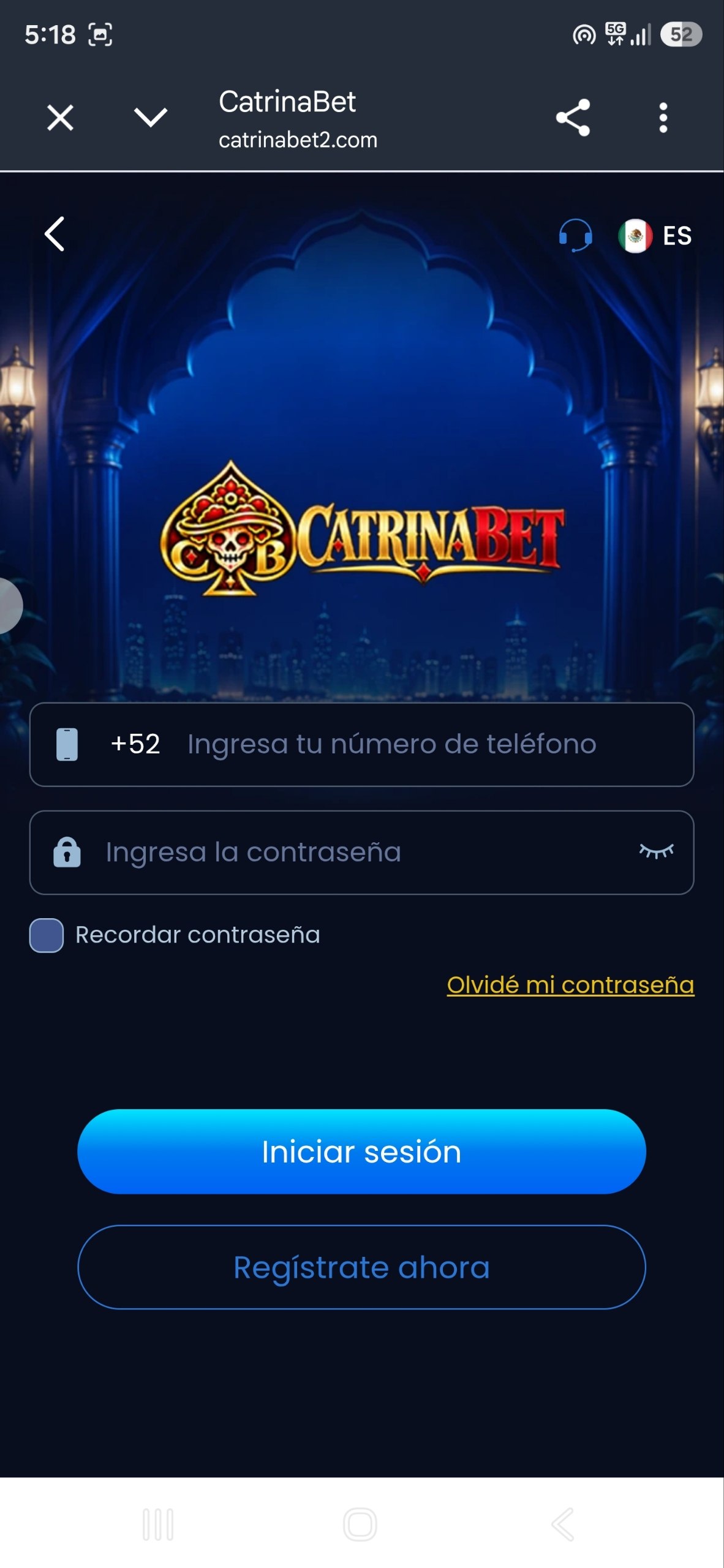 Captura de referencia de la pantalla Catrina Bet Login
