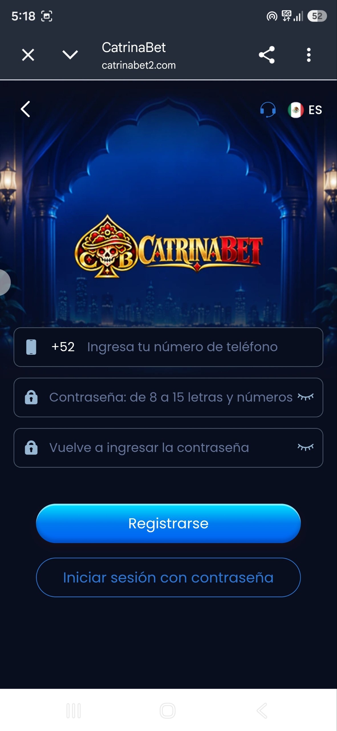 Pantalla de referencia del registro de Catrina Bet